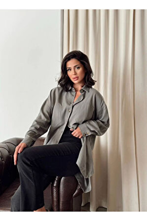 Kadın Oversize Salaş Uzun Kollu Gömlek – Rahat Kesim Şık Günlük Gömlek