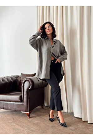 Kadın Oversize Salaş Uzun Kollu Gömlek – Rahat Kesim Şık Günlük Gömlek