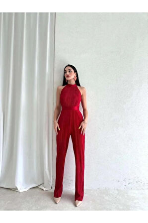 Misscix Fitilli Kolsuz Halter Yaka Kadın Kırmızı Tulum - Abiye & Mezuniyet Tulum Elbise