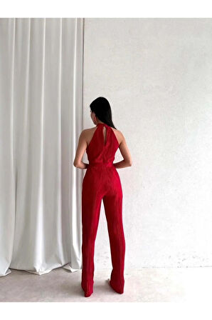 Misscix Fitilli Kolsuz Halter Yaka Kadın Kırmızı Tulum - Abiye & Mezuniyet Tulum Elbise
