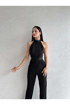 Misscix Fitilli Kolsuz Halter Yaka Kadın Siyah Tulum - Abiye & Mezuniyet Tulum Elbise