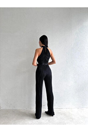 Misscix Fitilli Kolsuz Halter Yaka Kadın Siyah Tulum - Abiye & Mezuniyet Tulum Elbise