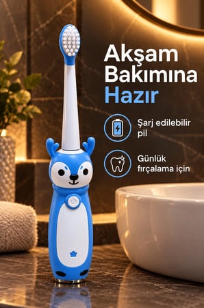 Çocuk Elektrikli Diş Fırçası Mavi Geyik Figürlü Şarjlı -MİRAYLİFE