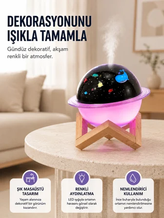 Projektör Işıklı, Aromaterapi Uyumlu Mini Masaüstü Hava Nemlendirici Cihaz -MİRAYLİFE