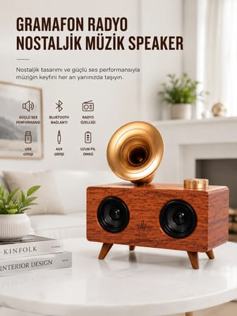 Bluetooth Nostalji Speaker Radyo Gramofon Ahşap Renk Vintage Yeni Nesil -MİRAYLİFE