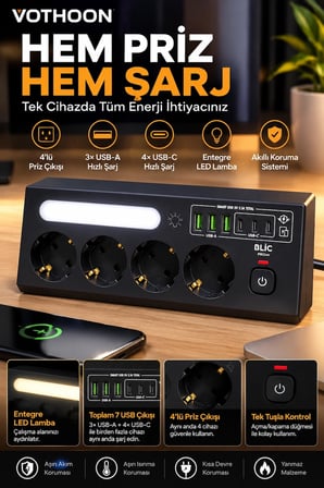 Çoklu Gece Lambalı Üçgen Priz Akım Korumalı 4’lü Priz 3xusb 3xtype-c Çıkışlı Grup Priz Siyah -MİRAYLİFE