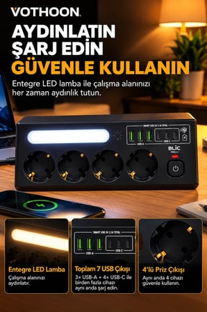 Çoklu Gece Lambalı Üçgen Priz Akım Korumalı 4’lü Priz 3xusb 3xtype-c Çıkışlı Grup Priz Siyah -MİRAYLİFE