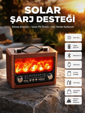 Taşınabilir Şömine Görünümlü Bluetooth Hoparlör – Solar Şarjlı, Alev Işıklı, 7w Ses -MİRAYLİFE