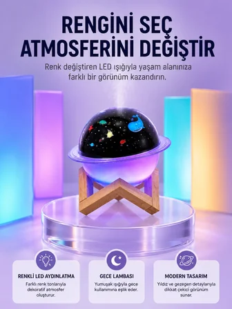 Usb İle Çalışan Projektörlü Aromaterapi Nemlendirici Masaüstü Kullanım İçin Uygun -MİRAYLİFE