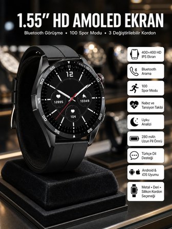 Amoled Ekran 3 Kordonlu Akıllı Saat 5.0 Bluetooth Bağlantılı Android Ve İos Uyumlu -MİRAYLİFE