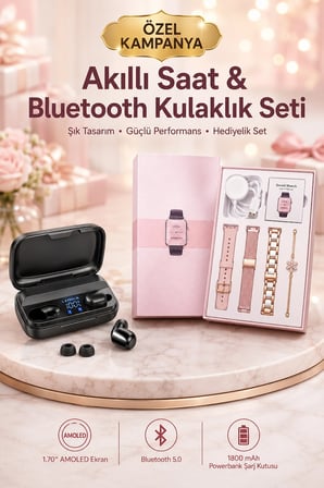 Aksesuar Hediyeli Akıllı Saat Ve Dijital Göstergeli Powerbankli Bluetooth Kulaklık -MİRAYLİFE