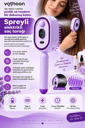 Elektrikli Spreyli Saç Tarağı 300 Mah Type‑c Şarjlı İnce Spreyli Antistatik Bakım Fırçası Mor -MİRAYLİFE