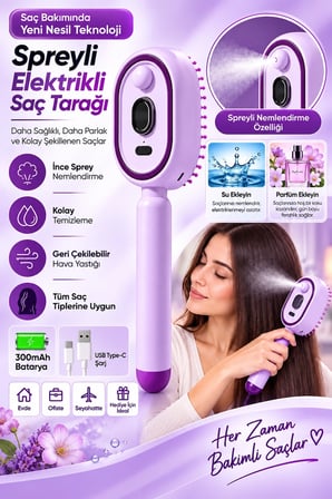 Elektrikli Spreyli Saç Tarağı 300 Mah Type‑c Şarjlı İnce Spreyli Antistatik Bakım Fırçası Mor -MİRAYLİFE