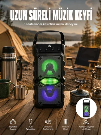 Taşınabilir Kablosuz Bluetooth Hoparlör Uzun Pil Ömrü Led Işıklı Yeni Nesil -MİRAYLİFE