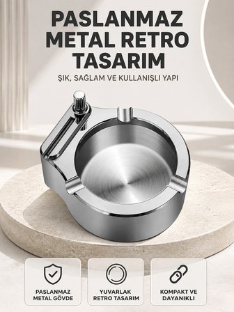 Çakmaklı Küllük Paslanmaz Metal Yuvarlak Tasarım -MİRAYLİFE