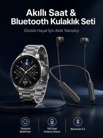Alarm Ve Titreşim Özellikli Akıllı Saat Ve Mikrofonlu Kablolu Bluetooth Kulaklık 60 Saat -MİRAYLİFE