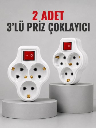 Direkt Duvar Prizine Takılan 3’lü Priz Adaptörü Anahtarlı Priz Çoklayıcı 2 Adet -MİRAYLİFE