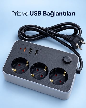 Elektrik Ve Şarj Bağlantılarını Bir Arada Sunan Usb Ve Type C Çıkışlı Akım Korumalı Priz -MİRAYLİFE