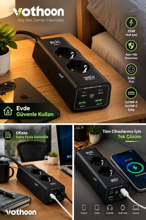 Akım Korumalı Priz 2 Ac Soket 2 Usb-a 2 Usb-c 35w Hızlı Şarj 1050j Koruma 2 Mt Kablo 2200w -MİRAYLİFE