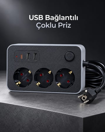 Çalışma Alanlarına Uygun Anahtarlı Usb Ve Type C Şarj Çıkışlı Kablolu Çoklu Priz -MİRAYLİFE