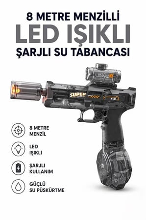 Sarjlı Otomatik Su Tabancası Led Işıklı Geniş Su Hazneli Gerçekçi Geri Tepme Efektli Uzak Menzilli -MİRAYLİFE