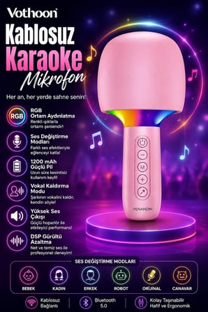 Çocuk Ve Yetişkin Karaoke Mikrofonu Kablosuz Rgb Ambiyans Işığı Ses Değiştirme Modlu Hoparlör -MİRAYLİFE