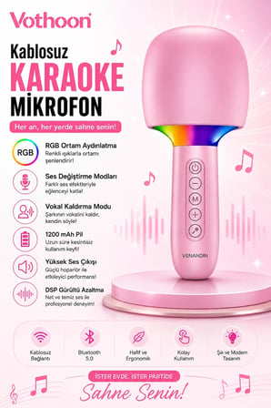 Çocuk Ve Yetişkin Karaoke Mikrofonu Kablosuz Rgb Ambiyans Işığı Ses Değiştirme Modlu Hoparlör -MİRAYLİFE