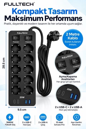 Akım Korumalı 10’lu Çoklu Priz 3680w 20w Hızlı Şarj 2 Usb-c 2 Usb-a 2 Metre Kablolu Ftr-30 -MİRAYLİFE