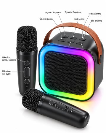 Çift Kablosuz Mikrofonlu Led Işıklı Bluetooth Karaoke Hoparlör Seti -MİRAYLİFE