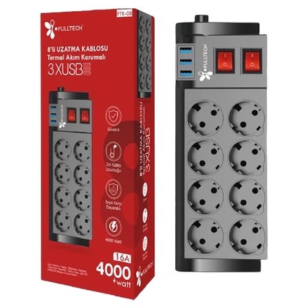 Fulltech Ftr-08 8’li Termal Akım Korumalı Priz -MİRAYLİFE