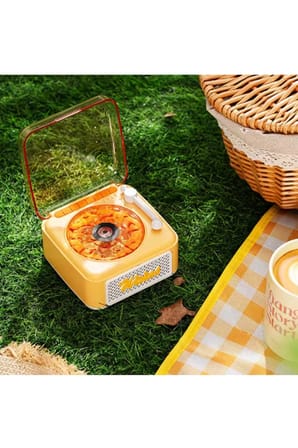 Nostalji Mini Plak Görünümlü Radyolu Bluetooth Hoparlör 3d Ses Dalgası Retro Müzik Plak Sarı -MİRAYLİFE