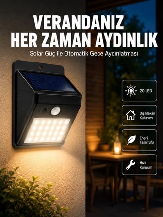Bahçe Ve Dış Mekanlar İçin Güneş Enerjili 20 Led Hareket Sensörlü Lamba Yeni Nesil -MİRAYLİFE