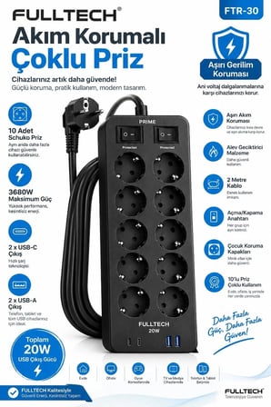 Akım Korumalı 10’lu Çoklu Priz 3680w 20w Hızlı Şarj 2 Usb-c 2 Usb-a 2 Metre Kablolu Ftr-30 -MİRAYLİFE