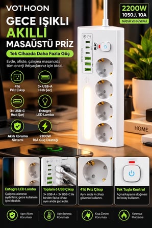 Çoklu Gece Lambalı Üçgen Priz Akım Korumalı 4’lü Priz 3xusb 3xtype-c Çıkışlı Grup Priz Beyaz -MİRAYLİFE