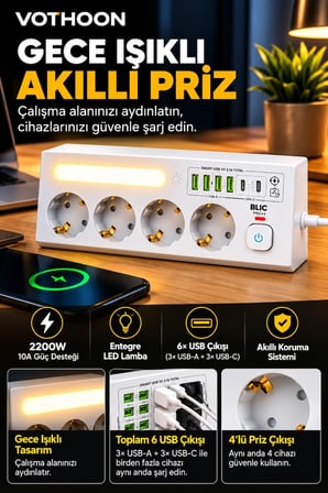 Çoklu Gece Lambalı Üçgen Priz Akım Korumalı 4’lü Priz 3xusb 3xtype-c Çıkışlı Grup Priz Beyaz -MİRAYLİFE