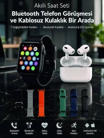 Bluetooth Telefon Görüşmeli Akıllı Saat Seti Kablosuz Bluetooth Kulaklık 7 Değiştirilebilir Kordon -MİRAYLİFE