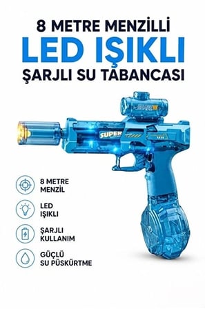 Sarjlı Otomatik Su Tabancası Led Işıklı Geniş Su Hazneli Gerçekçi Geri Tepme Efektli Uzak Menzilli -MİRAYLİFE