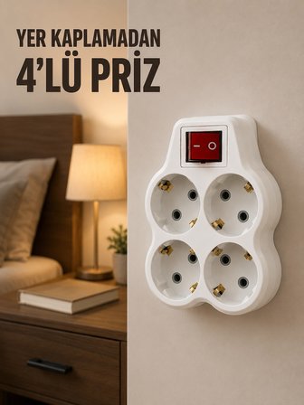 4’lü Priz Çoğaltıcı Açma Kapama Anahtarlı Kablosuz Duvar Tipi Priz Adaptörü -MİRAYLİFE