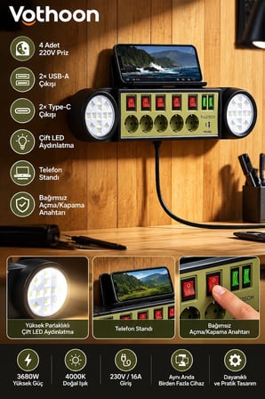 Akıllı Masaüstü Duvar Tipi Akım Korumalı 5’li Priz 3680w Led Işıklı Usb-a Type-c Telefon Standlı -MİRAYLİFE