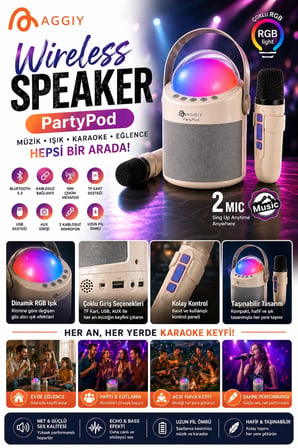 Partypod Bluetooth 5.3 Destekli Çok Fonksiyonlu Kablosuz Mikrofon Ve Hoparlör -MİRAYLİFE