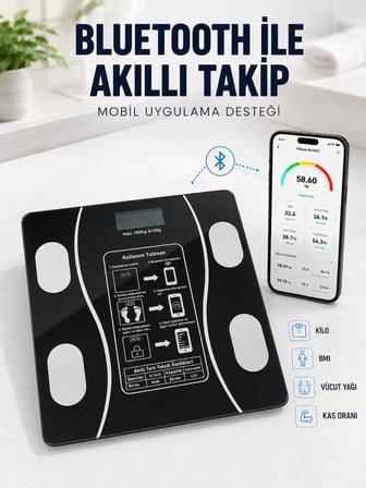 Akıllı Cam Baskül Bluetooth Mobil Uygulamalı Vücut Analiz Tartısı 180 Kg Lcd Ekran -MİRAYLİFE