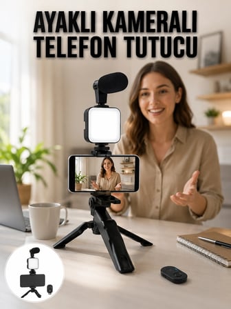 Telefon Tutucu Led Işıklı Kumandalı Mikrofon Telefon Vlog Video Kayıt Yeni Nesil -MİRAYLİFE