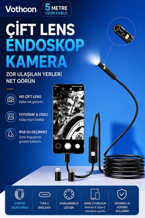 5 Metre Çift Kameralı İos/android Uyumlu Yılan Endoskop Kamera 8mm 2mp Led’li Sert Kablo -MİRAYLİFE