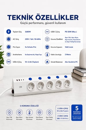 5’li Akım Korumalı Çoklu Priz 2 Metre Kablolu 3680w 16a 5 Anahtarlı 2usb-a 2 Usb-c Pd 20w Hızlı Ftr-28 -MİRAYLİFE