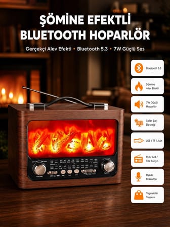 Solar Şarjlı Şömine Işıklı Bluetooth Hoparlör – Radyo, Usb, Tf Kart Destekli -MİRAYLİFE