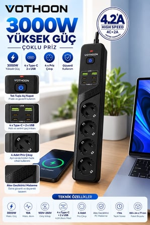 4’lü Akım Korumalı Çoklu Priz 4 Type-c 2 Usb Girişli 4.2a Hızlı Şarj Destekli Priz 3000w -MİRAYLİFE