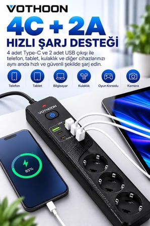 4’lü Akım Korumalı Çoklu Priz 4 Type-c 2 Usb Girişli 4.2a Hızlı Şarj Destekli Priz 3000w -MİRAYLİFE