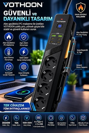 4’lü Akım Korumalı Çoklu Priz 4 Type-c 2 Usb Girişli 4.2a Hızlı Şarj Destekli Priz 3000w -MİRAYLİFE
