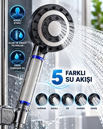 Klor Ve Kireç Filtreli Duş Başlığı 5 Farklı Su Akışı Masaj Etkili Filtreli Duş Başlığı -MİRAYLİFE