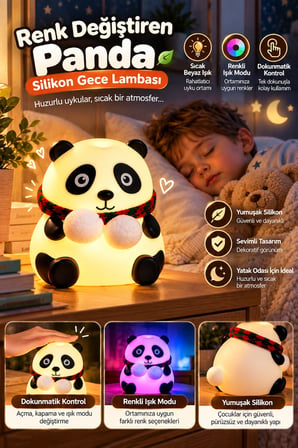 Renkli Işık Modlu Silikon Panda Gece Lambası Dokunmatik Kontrollü Sevimli Dekoratif -MİRAYLİFE